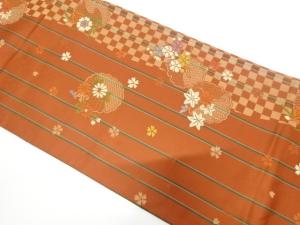縞に雪輪・花・市松模様織り出し　袋帯